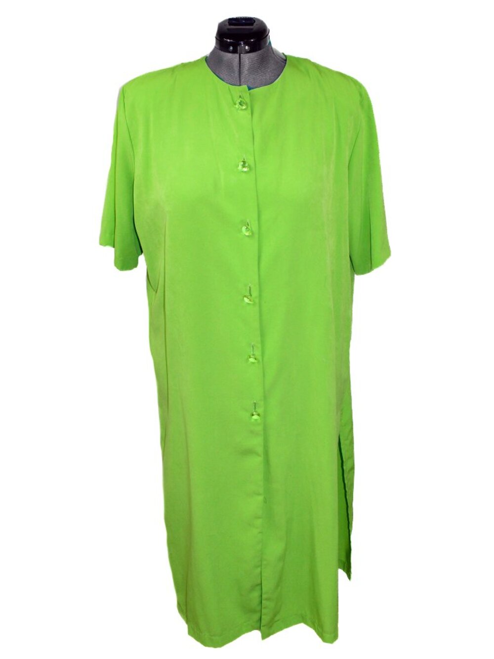 VINTAGE RUTH NORMAN New York Large Green Maxi Dress Caftan Button Neon 80s 90s